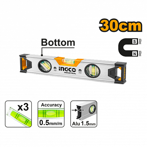 Уровень пузырьковый магнитный 30 см INGCO HSL38030M INDUSTRIAL