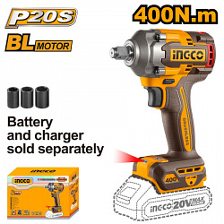 Аккумуляторный ударный гайковерт 20В Li-ion, б/щ 400 Нм (10) INGCO CIWLI20401 INDUSTRIAL